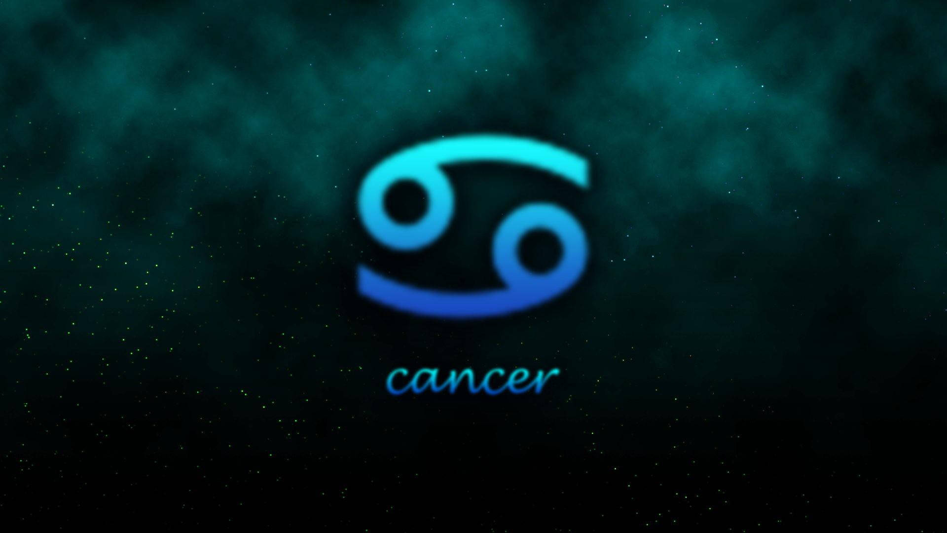 Cancer Aesthetic 桌布 壁紙 — 一個發光的藍色巨蟹座符號漂浮在點綴著星星的深青色宇宙背景上。
