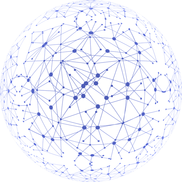 Sphere 桌布 壁紙 — 一個發光的藍色幾何球體，帶有相互連接的節點和線條，背景為黑色。