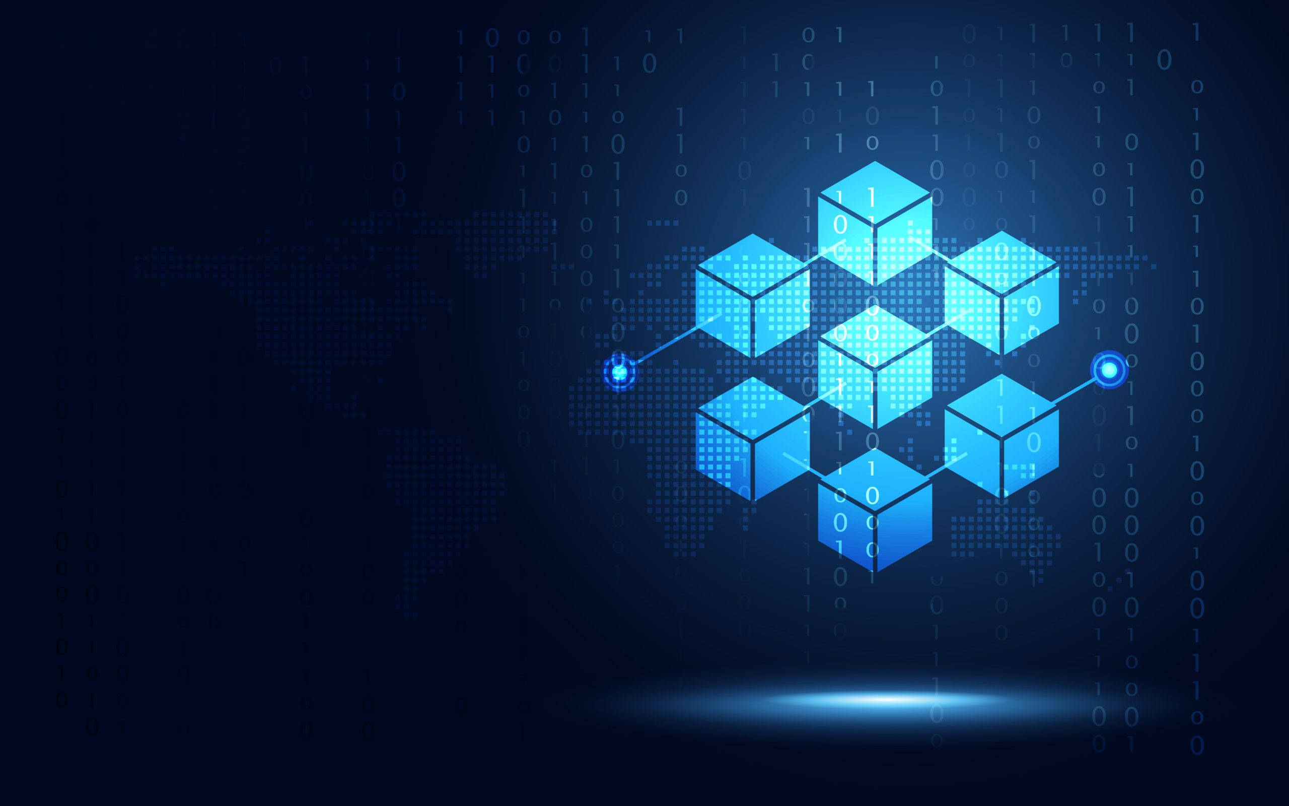 Blockchain 桌布 壁紙 — 一個發光的藍色幾何立方體網絡漂浮在黑暗的數位背景上，帶有二進位代碼和模糊的世界地圖。