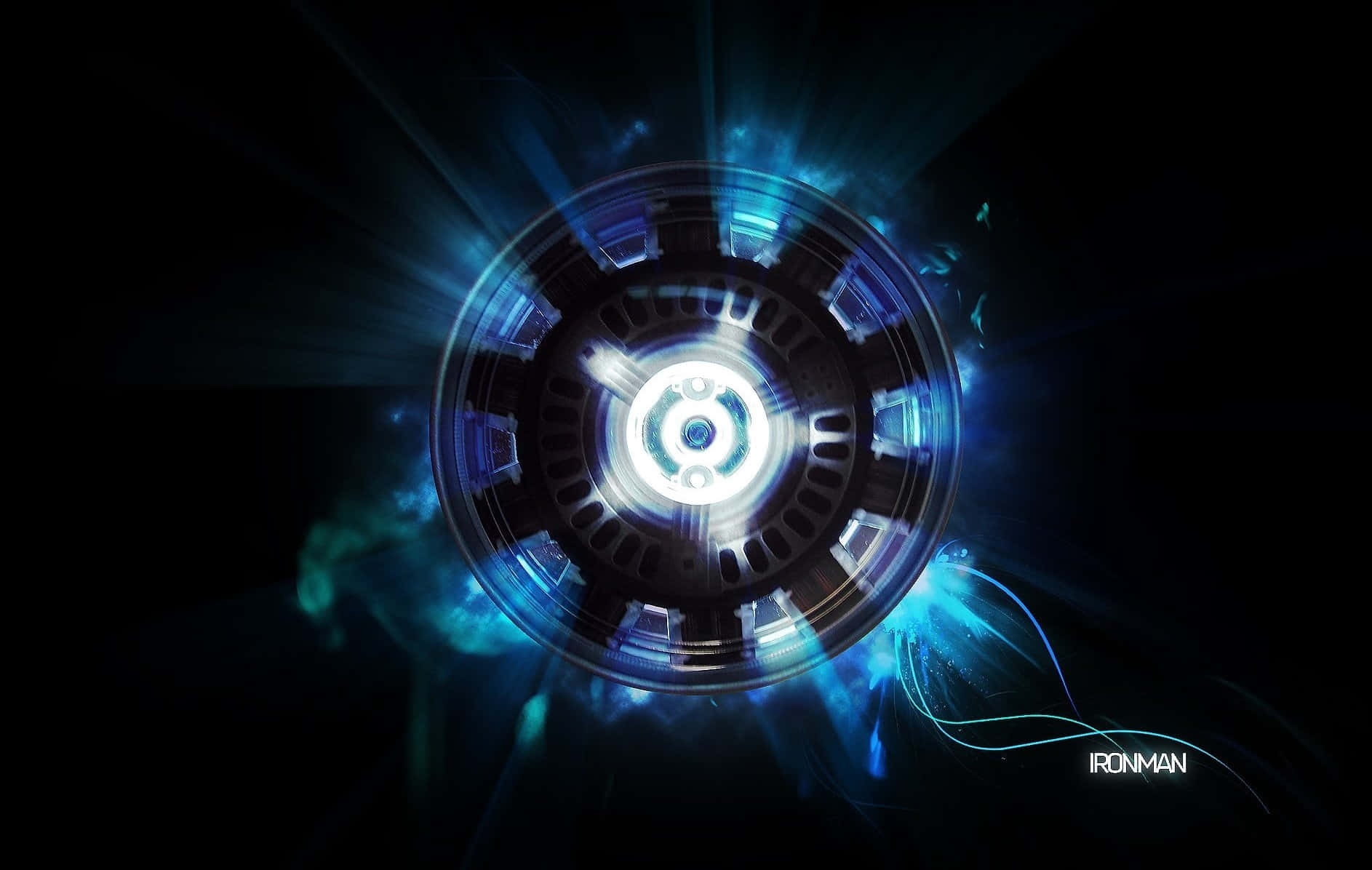 Iron Man Technology 桌布 壁紙 — 一個發光的藍色弧形反應器在黑暗背景上脈動著光芒，伴隨著能量痕跡。