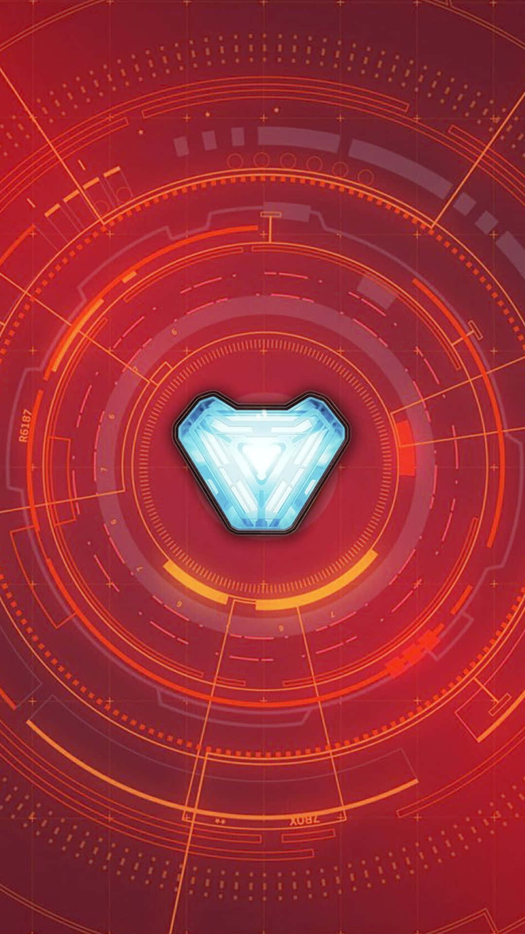 Android Iron Man 桌布 壁紙 — 一個發光的藍色弧形反應爐在帶有同心數位環的紅色未來感介面中心脈動。