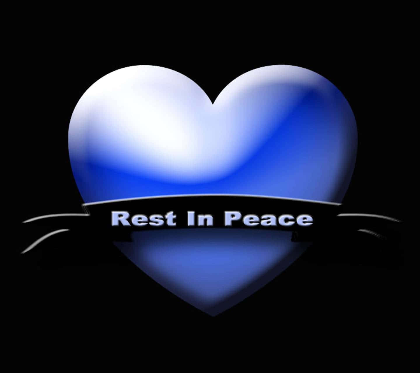 Rest In Peace 桌布 壁紙 — 一個發光的藍色心形，帶有黑色絲帶，上面寫著「Rest In Peace」，背景為深色。