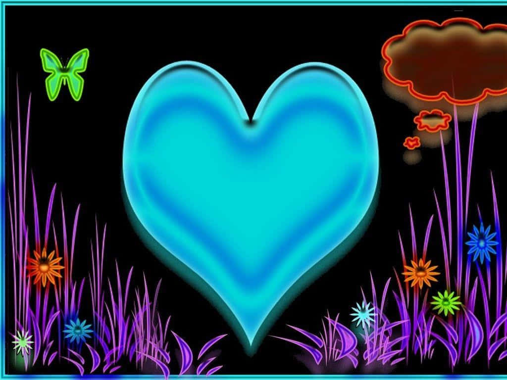 Cute Love Heart 桌布 壁紙 — 一個發光的藍色心形漂浮在霓虹色的花朵和草地上，背景為黑色，帶有綠色蝴蝶和對話框。