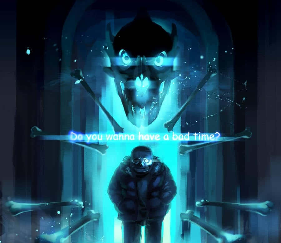 Sans 桌布 壁紙 — 一個發光的藍色惡魔形象，帶有交叉的骨頭，在黑暗的門口籠罩著一個小人。