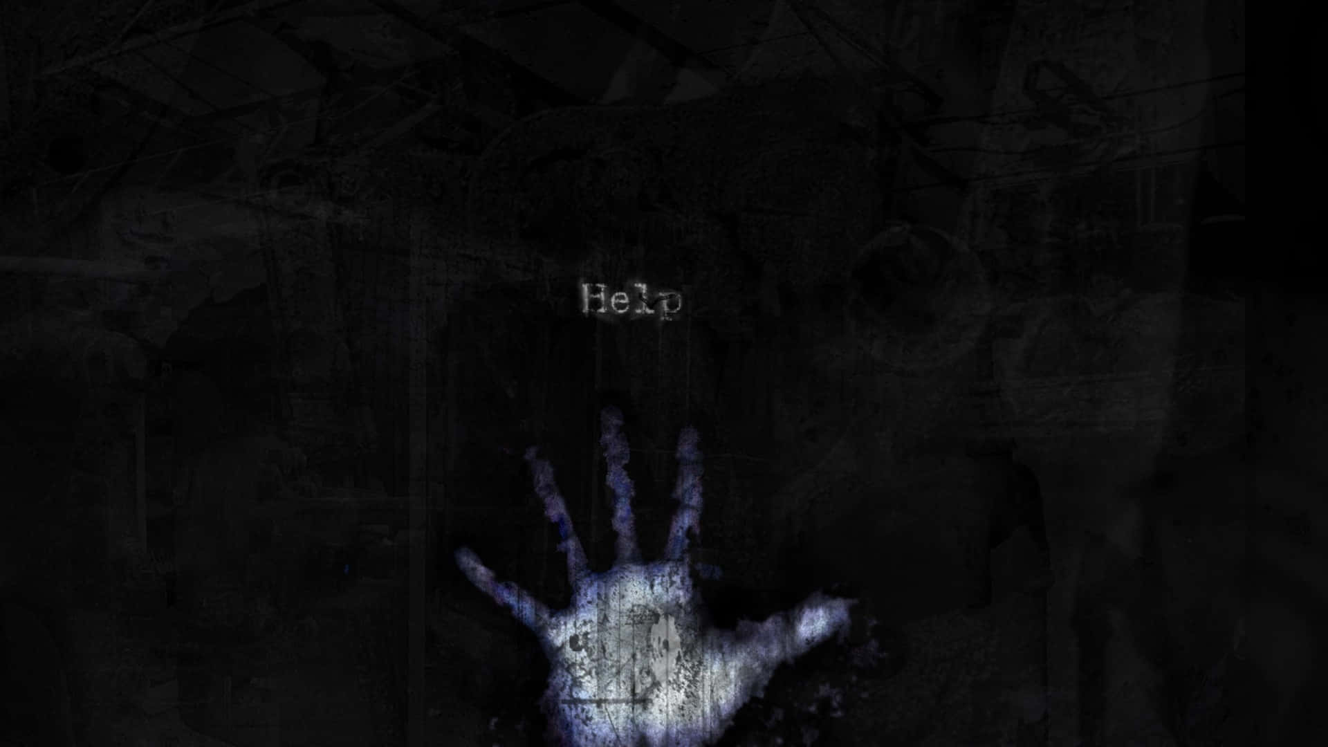 Dark Fear 桌布 壁紙 — 一個發光的藍色手印按在黑暗粗糙的牆上，上方隱約可見「幫助」一詞。