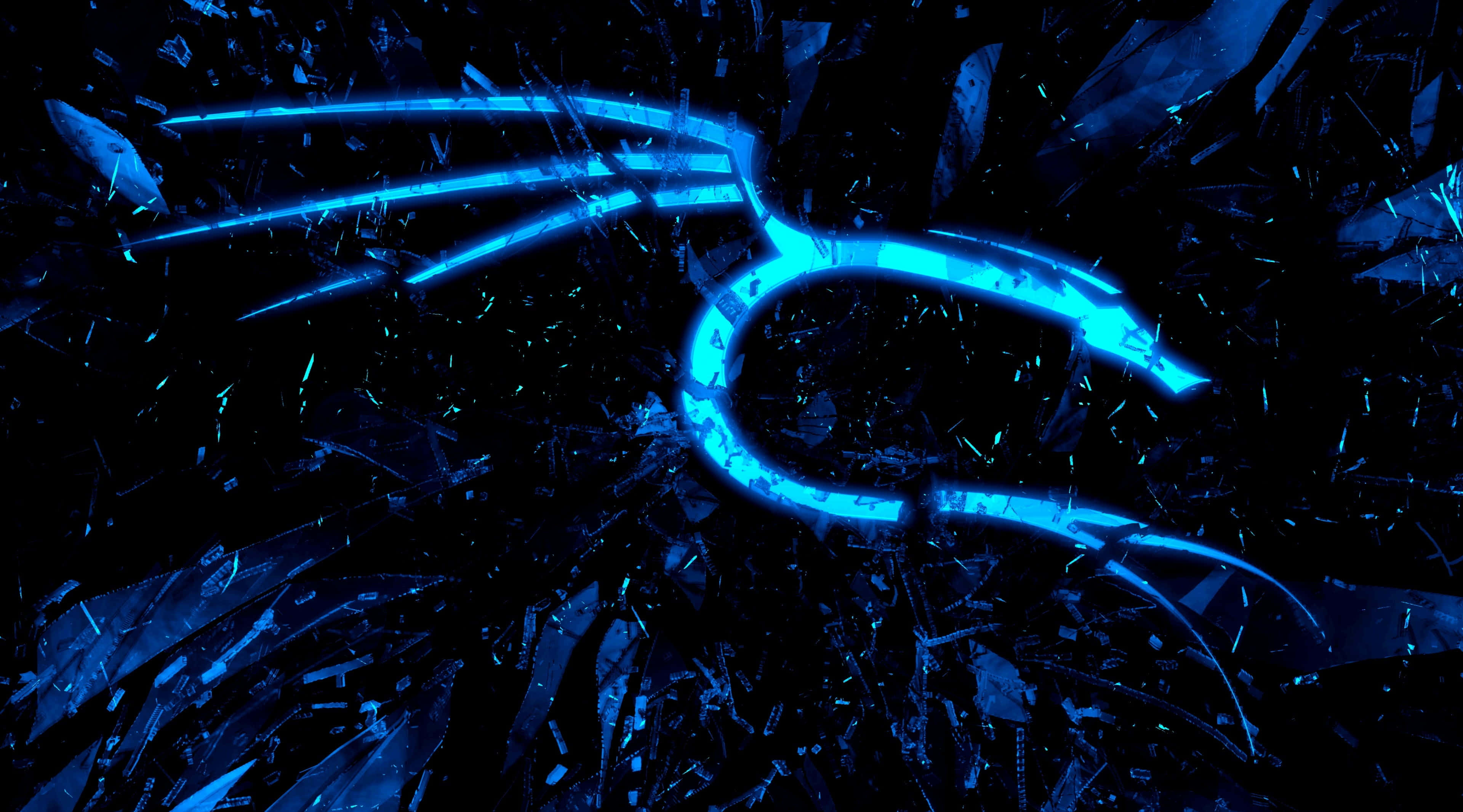 Kali Linux 桌布 壁紙 — 一個發光的藍色抽象符號從破碎的玻璃碎片中浮現，背景為深色。