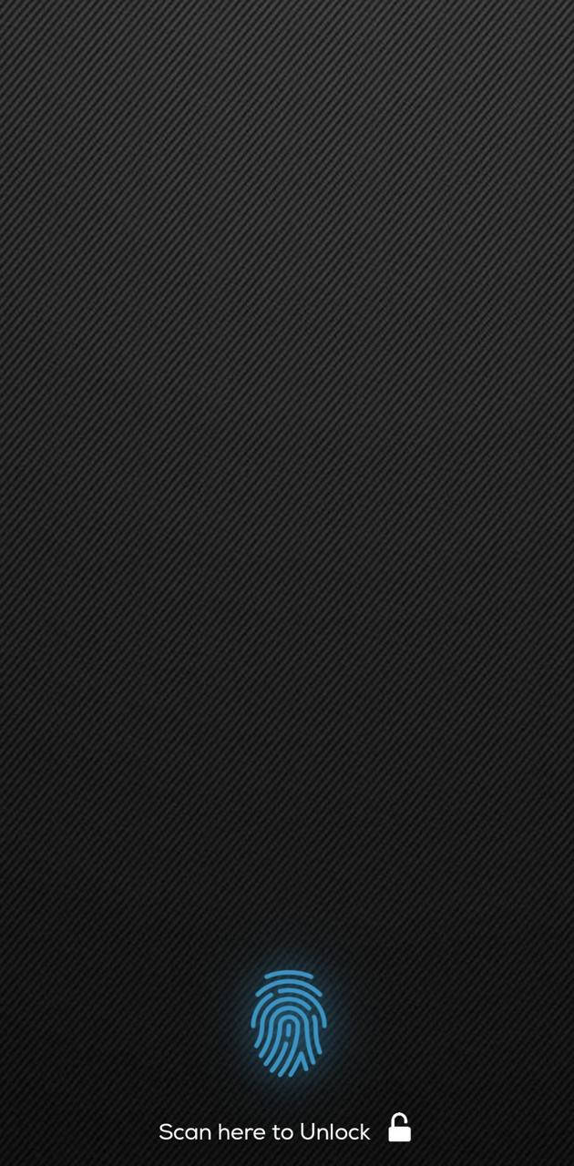iPhone 桌布 壁紙 — 一個發光的藍色指紋圖示，置於深色紋理背景中央，並附有掃描解鎖提示。
