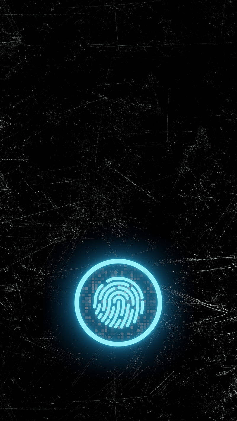 iPhone 桌布 壁紙 — 一個發光的藍色指紋圖示在圓形框架內脈動，背景為有刮痕的黑色。