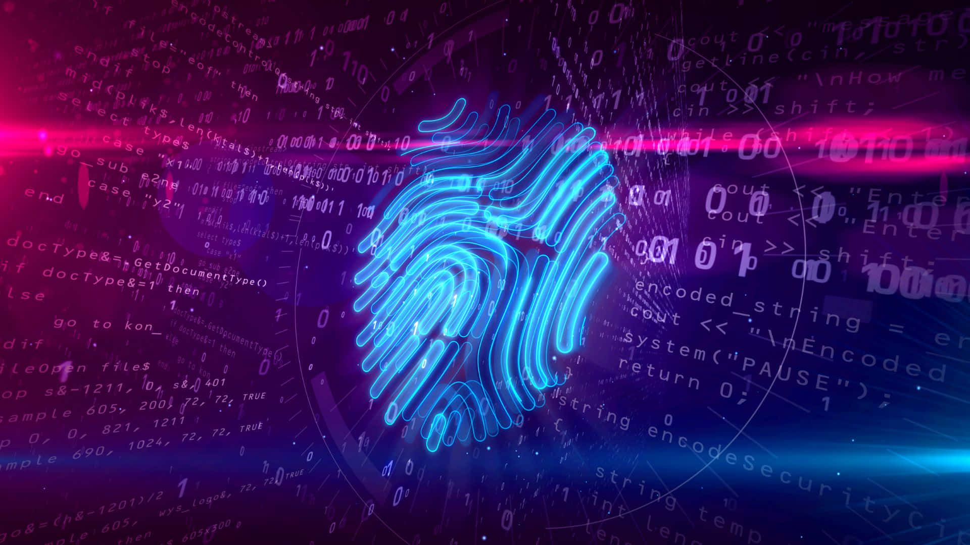 Fingerprint 桌布 壁紙 — 一個發光的藍色指紋漂浮在數位代碼和紫色光線的瀑布中，構成一個未來主義的網路場景。