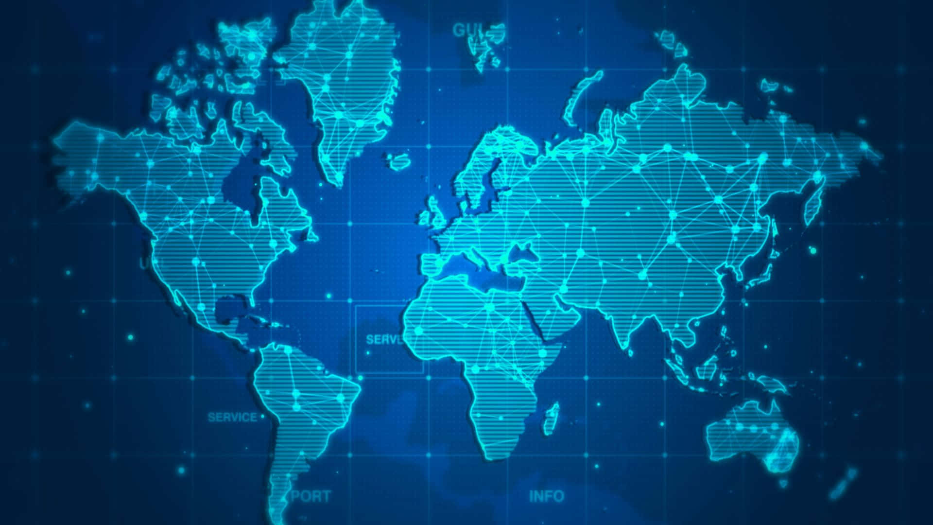 Map 桌布 壁紙 — 一個發光的藍色數位世界地圖，帶有相互連接的節點和網格線，背景為深色。