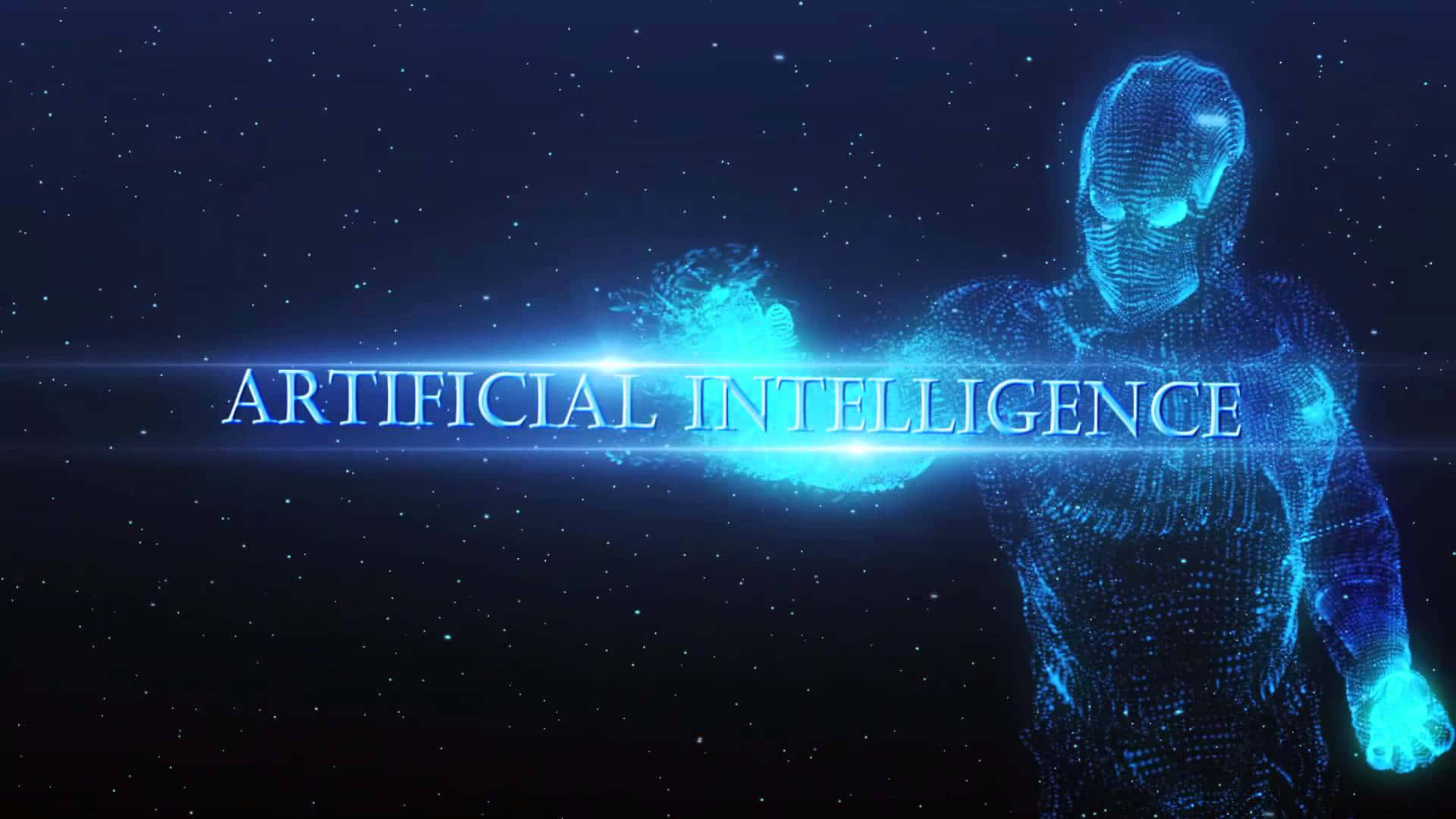 AI 桌布 壁紙 — 一個發光的藍色數位人形從星空空間中出現，胸前亮起「ARTIFICIAL INTELLIGENCE」文字。