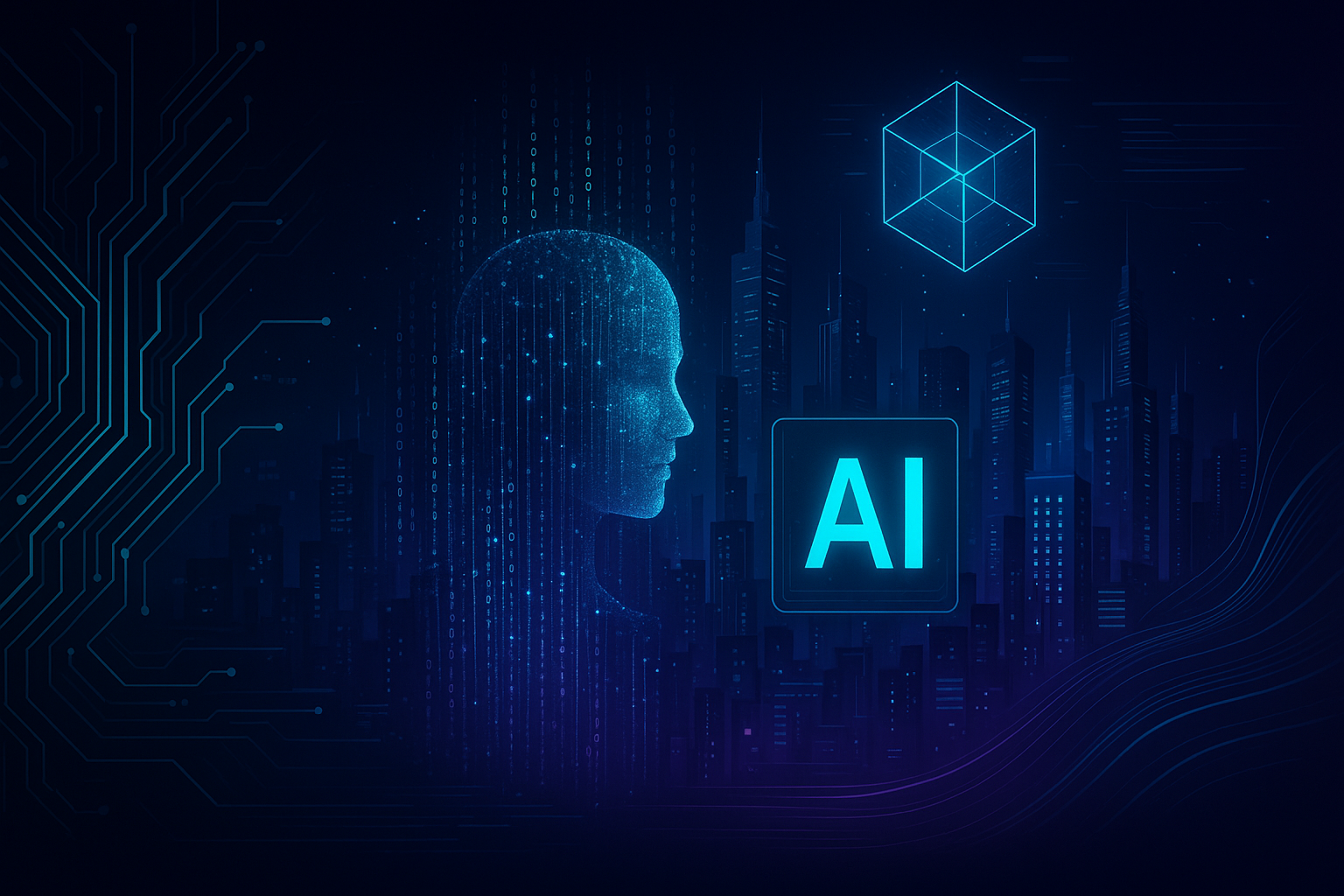 artificial intelligence 桌布 壁紙 — 一個發光的藍色數位人頭從帶有電路圖案和AI標誌的未來城市景觀中浮現。