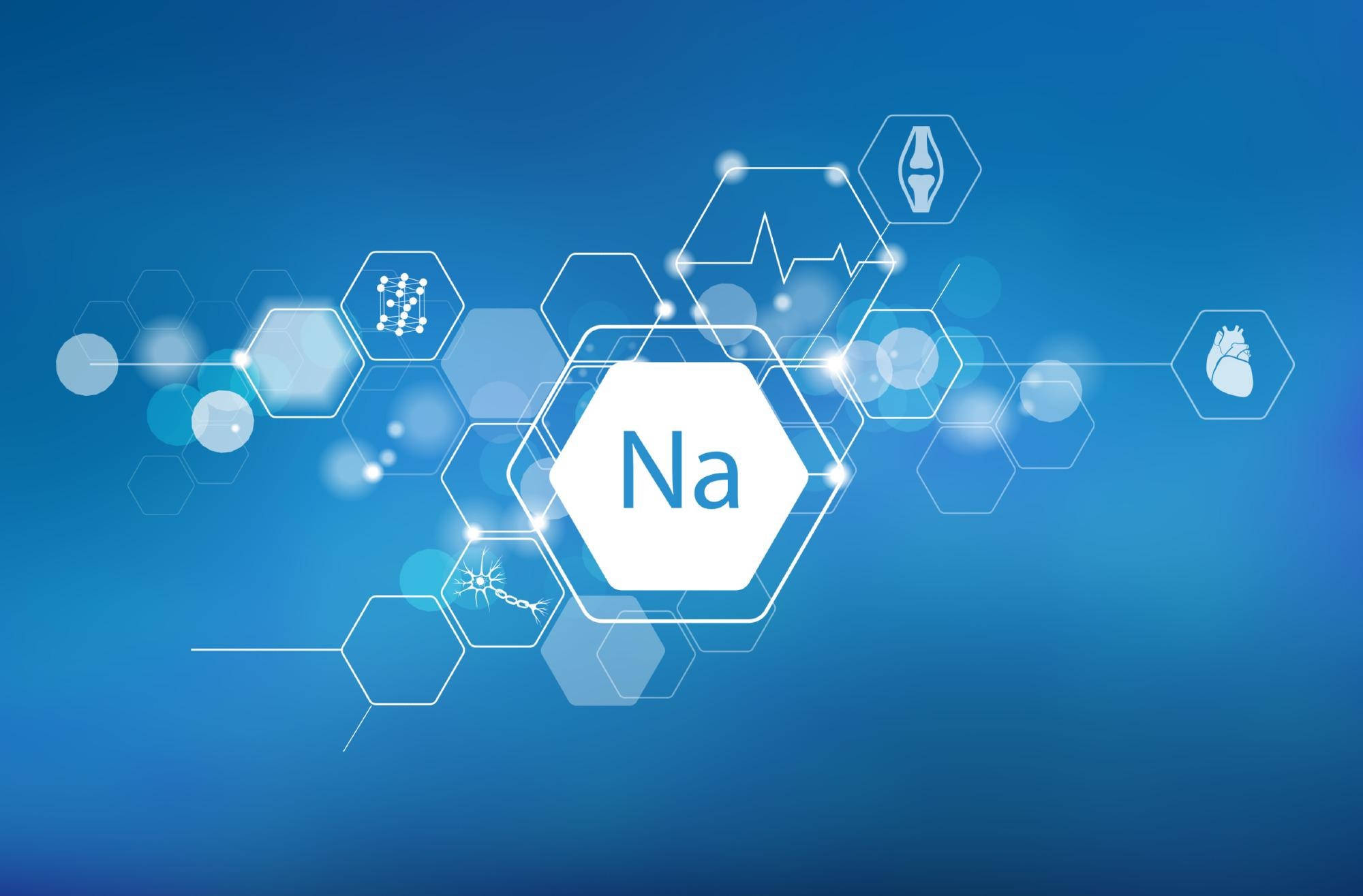 科學 桌布 壁紙 — 一個發光的藍色數位六邊形網絡，以化學符號Na為中心，周圍漂浮著醫療圖標。