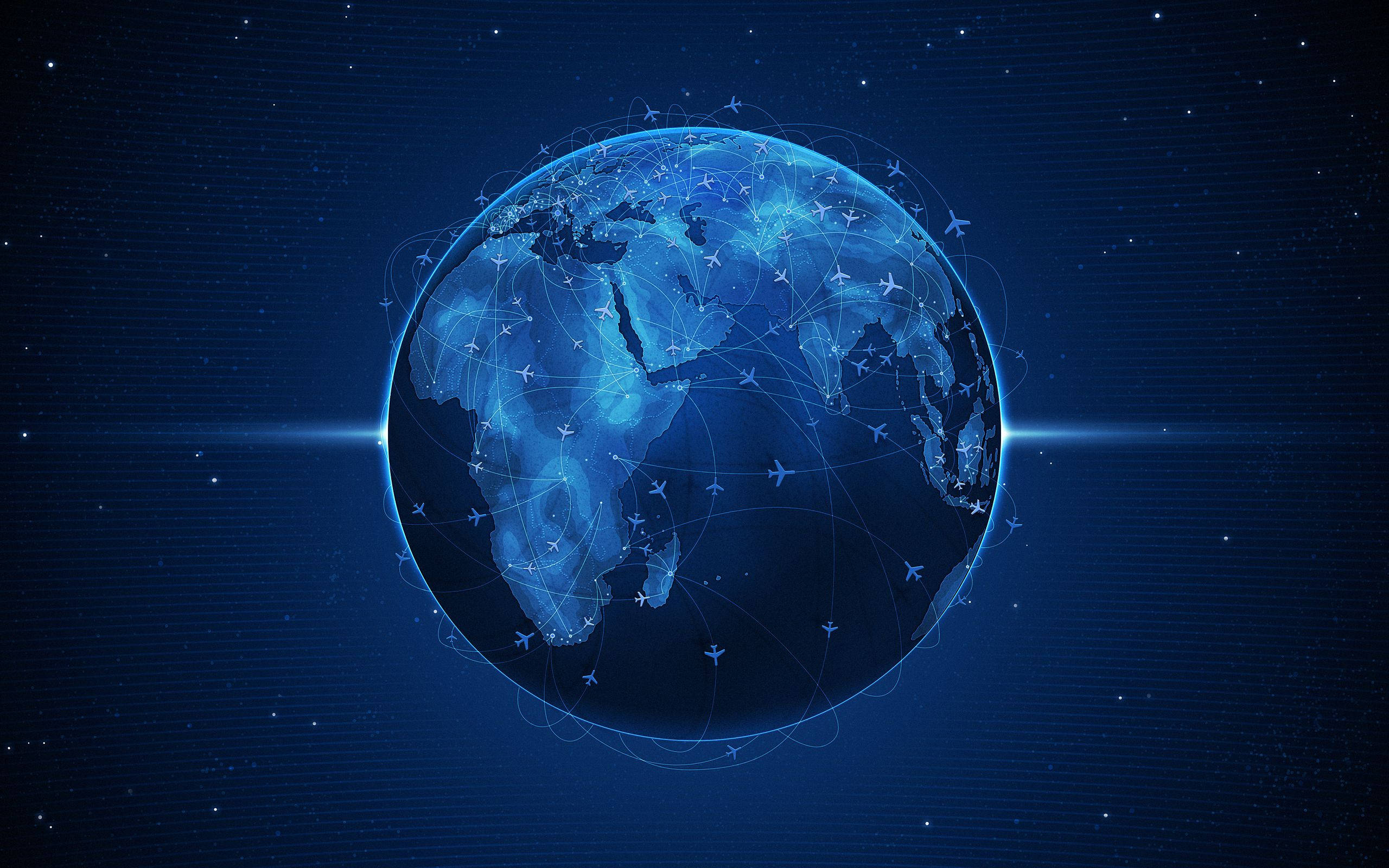 globe 桌布 壁紙 — 一個發光的藍色數位地球儀，周圍環繞著發光的網路線條和飛行的飛機，背景是星空宇宙。
