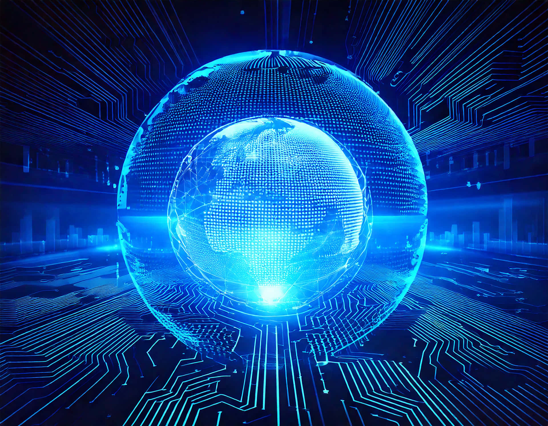 Technology 壁紙 — 一個發光的藍色數位地球儀，帶有像素化的大陸，漂浮在未來科技環境中的電路板地板上。