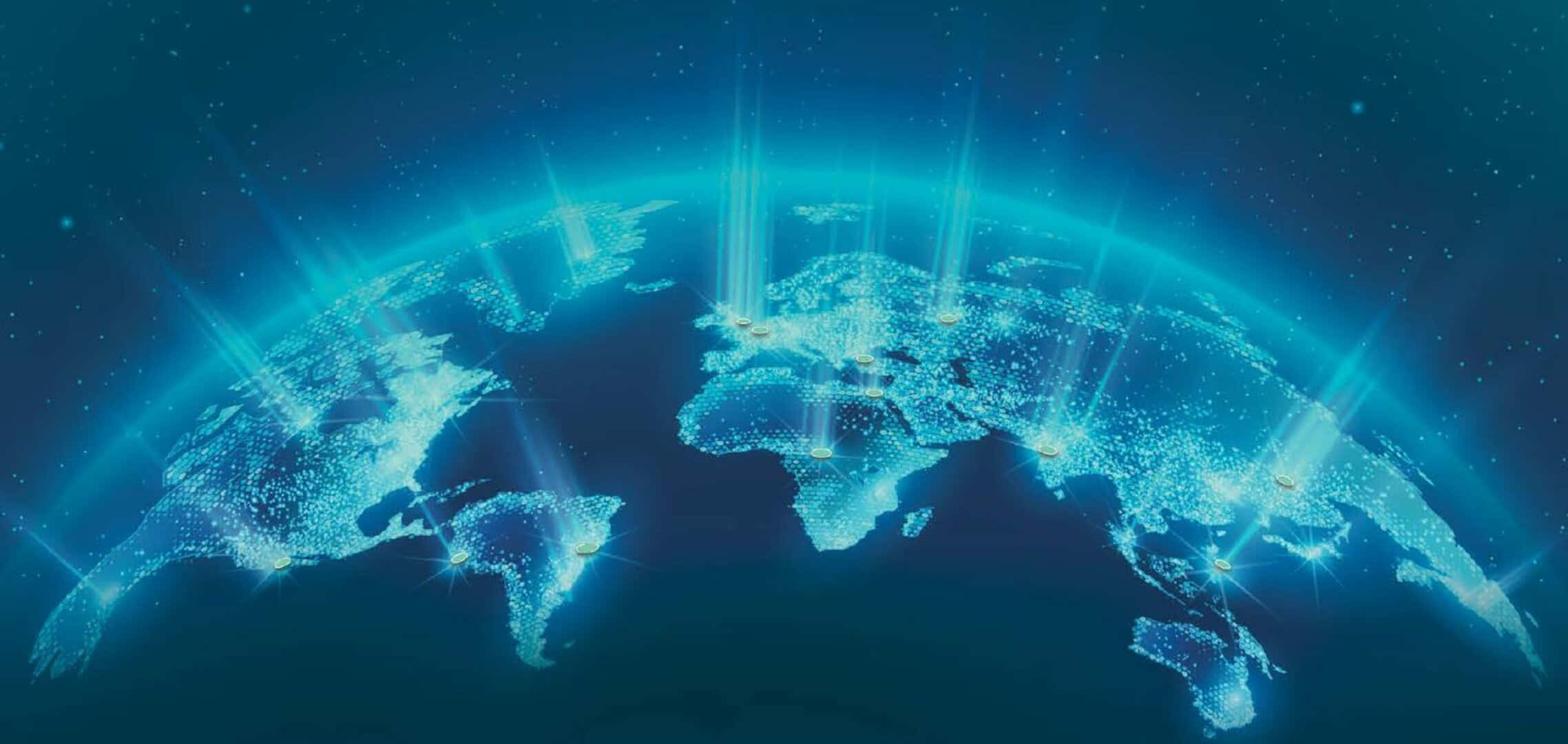 World 桌布 壁紙 — 一個發光的藍色數位地球儀，帶有明亮的光束，在未來主義的太空環境中連接各大洲。