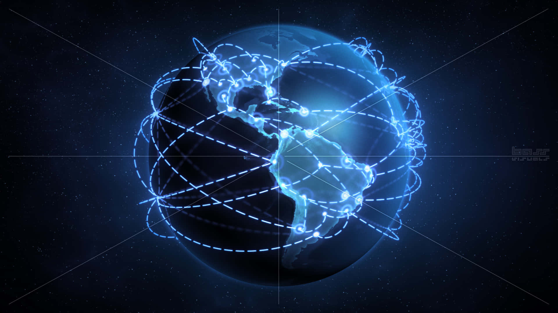 Network 桌布 壁紙 — 一個發光的藍色數位地球儀，帶有相互連接的光跡，象徵著在繁星點點的夜空下的全球通訊。