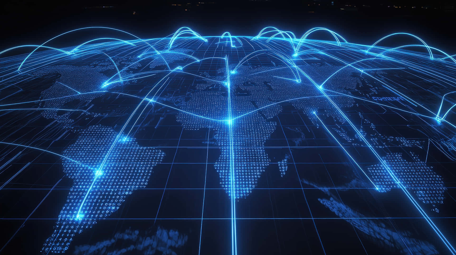 Futuristic global network with glowing connections 壁紙 — 一個發光的藍色數位地球儀，帶有相互連接的數據流，在黑暗背景上跨越各大洲。