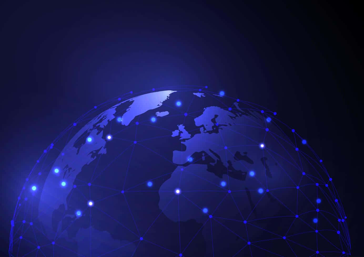 Global 桌布 壁紙 — 一個發光的藍色數位地球儀，帶有相互連接的點和線，象徵著黑暗背景下的全球網路。