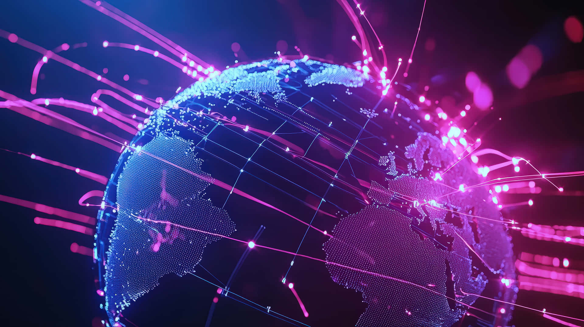 A glowing digital representation of Earth with interconnected data streams 壁紙 — 一個發光的藍色數位地球儀在深色背景上脈動著充滿活力的粉紅色光纖連接。