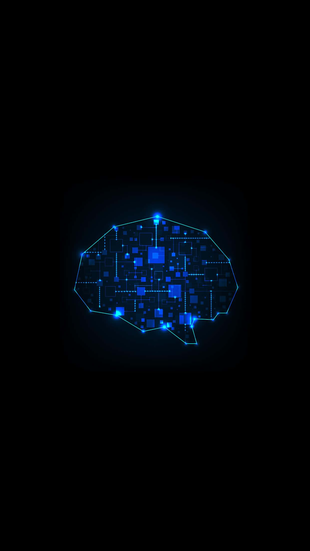 AI 桌布 壁紙 — 一個發光的藍色數位大腦，帶有電路圖案和節點，在黑色背景上脈動。