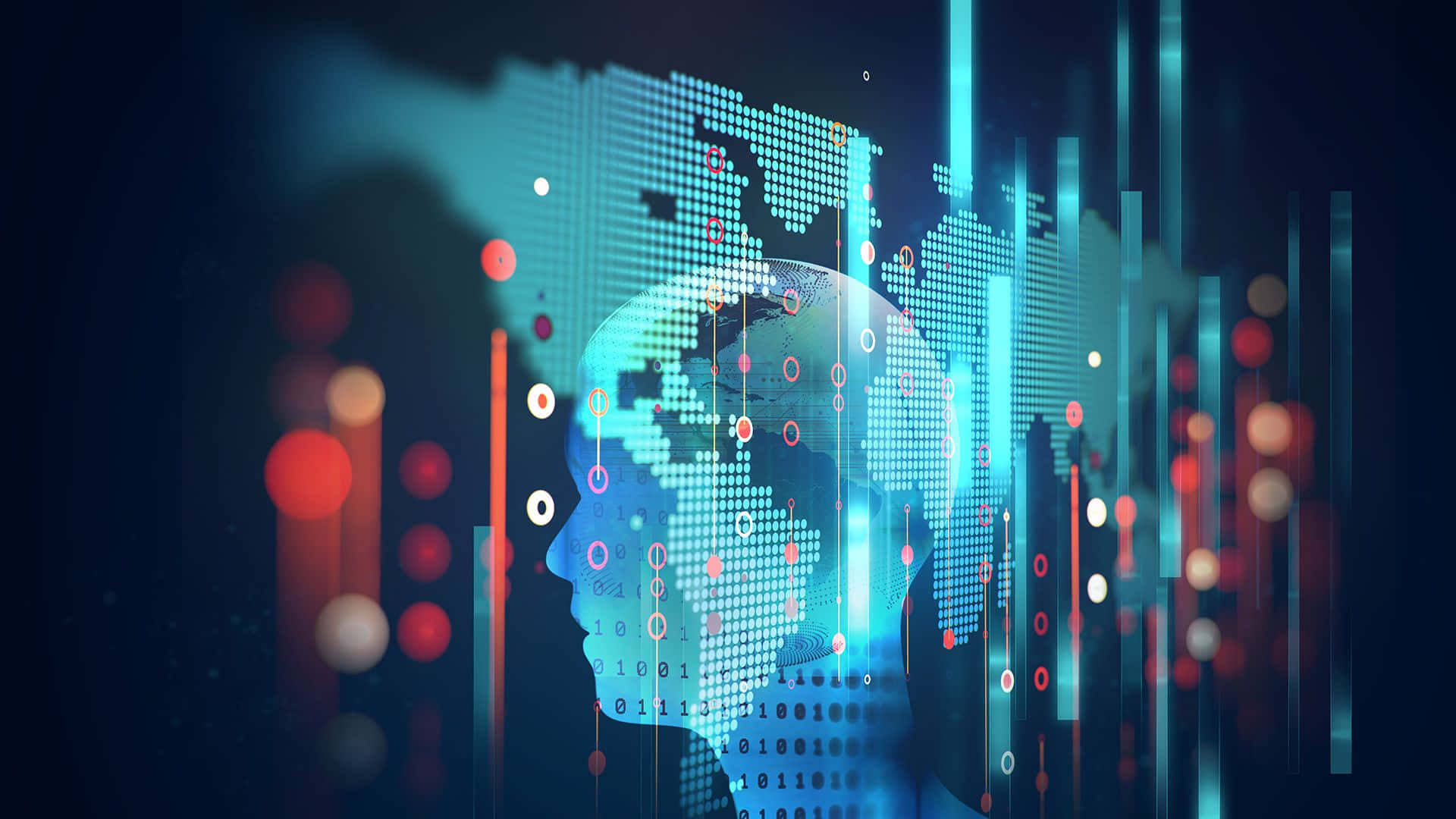 AI 桌布 壁紙 — 一個發光的藍色數位大腦剪影，疊加在像素化的世界地圖上，並帶有浮動的數據流和散景燈光。