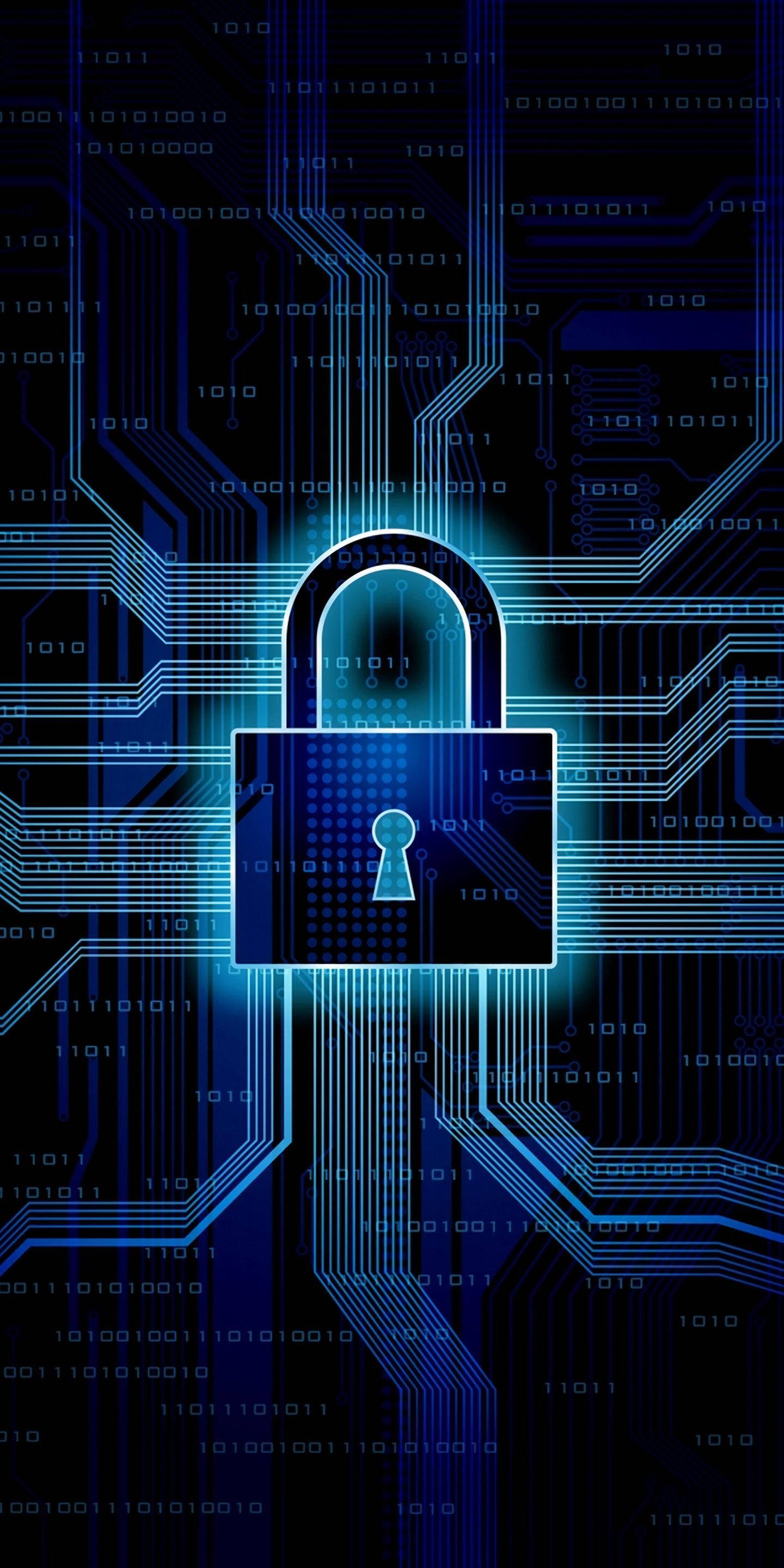 Cyber 桌布 壁紙 — 一個發光的藍色數位掛鎖，位於電路板中央，周圍有二元碼流動。