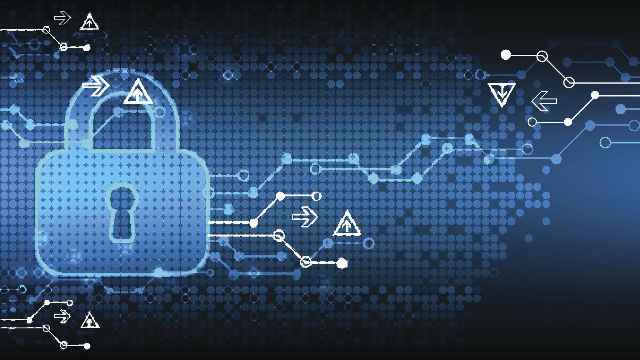 security 桌布 壁紙 — 一個發光的藍色數位掛鎖，被電路線和警告符號包圍，背景為像素化的深藍色。