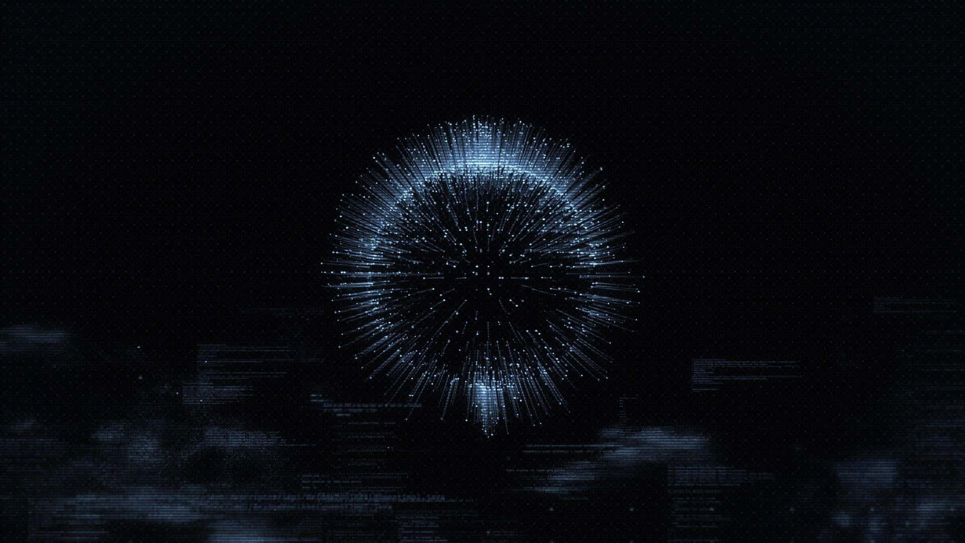Dark Web 桌布 壁紙 — 一個發光的藍色數位球體在充滿故障代碼的黑暗背景上脈動著光線。