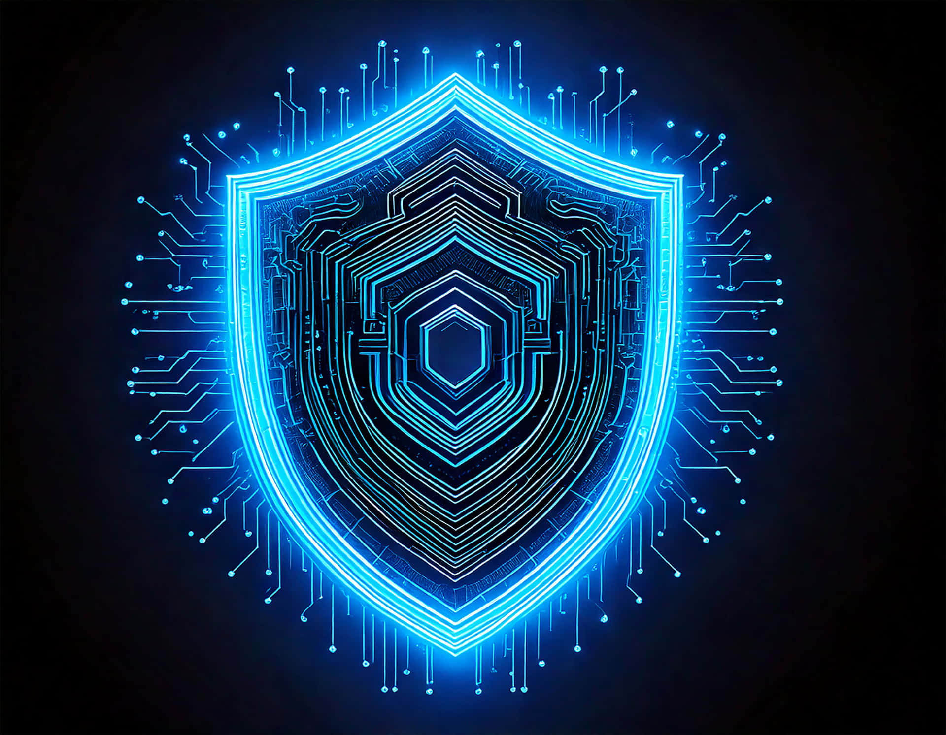 Shield 壁紙 — 一個發光的藍色數位盾牌帶有電路圖案，在黑暗背景上放射光芒。