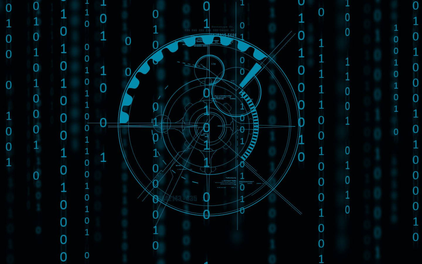 Information 桌布 壁紙 — 一個發光的藍色數位瞄準十字線覆蓋在黑色背景上的級聯二進位代碼。
