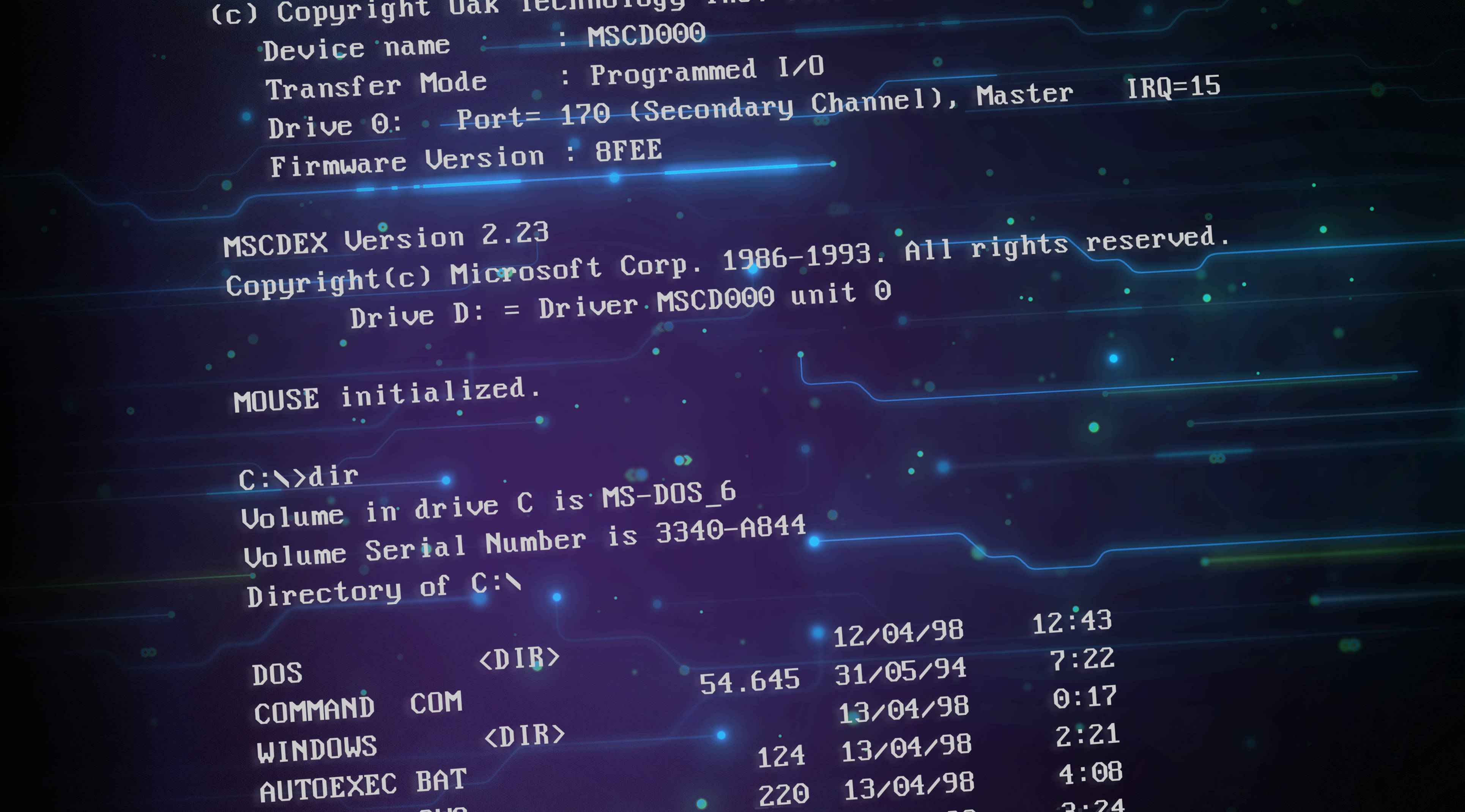 Coder 桌布 壁紙 — 一個發光的藍色數位終端機在帶有電路線的黑暗未來背景上顯示復古的MS-DOS命令。