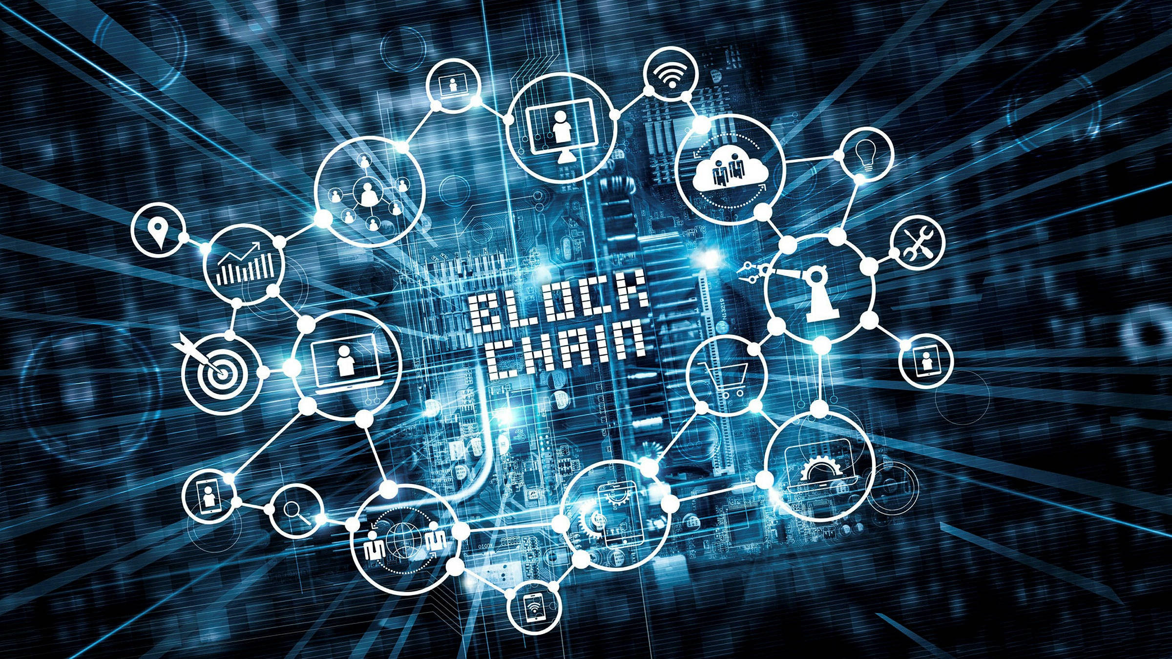 Blockchain 桌布 壁紙 — 一個發光的藍色數位網路，由相互連接的圖示組成，從中央的區塊鏈文字向電路板背景輻射。