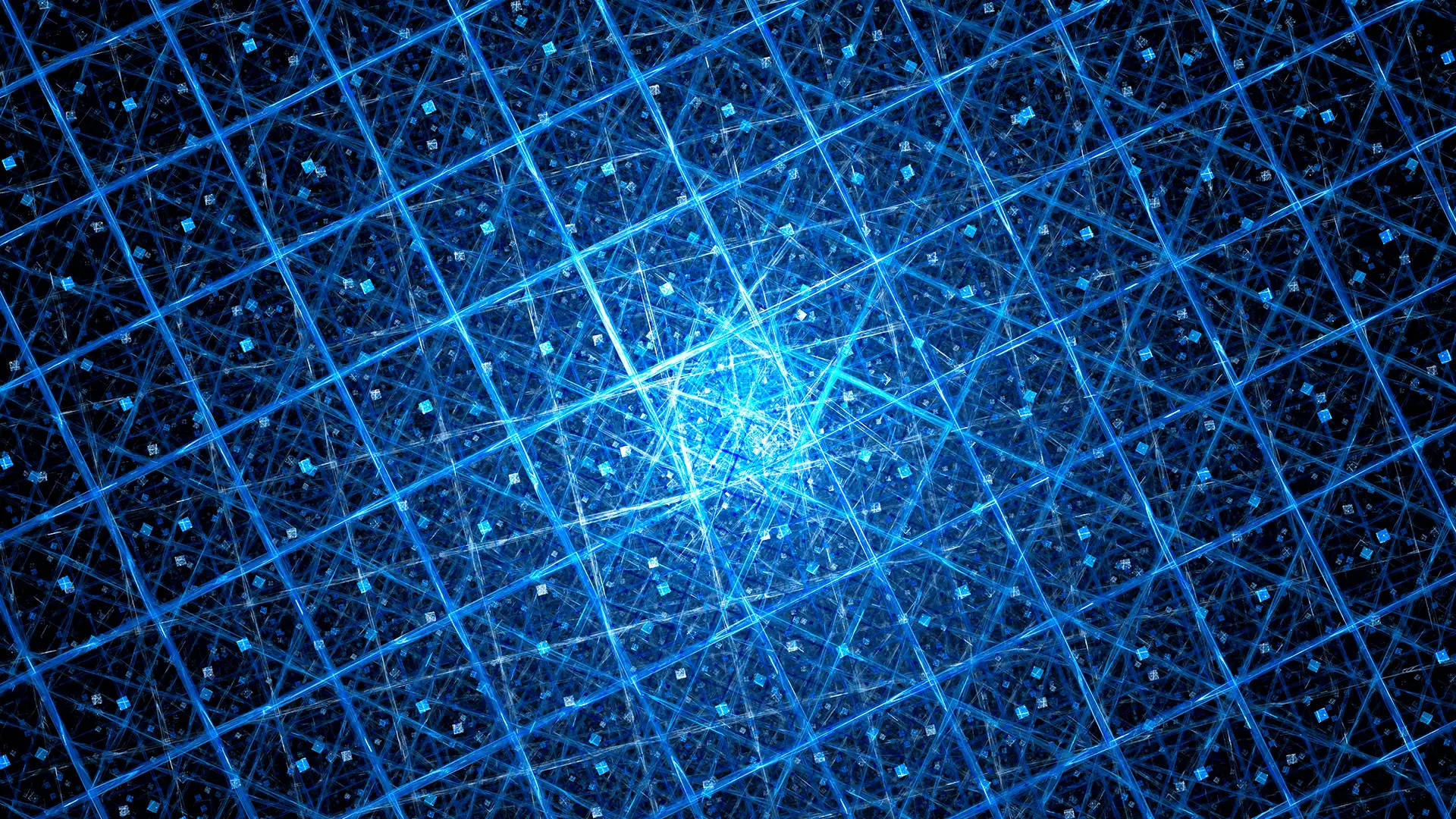 Physics 桌布 壁紙 — 一個發光的藍色數位網路從黑暗背景中的一個發光中心輻射出來。