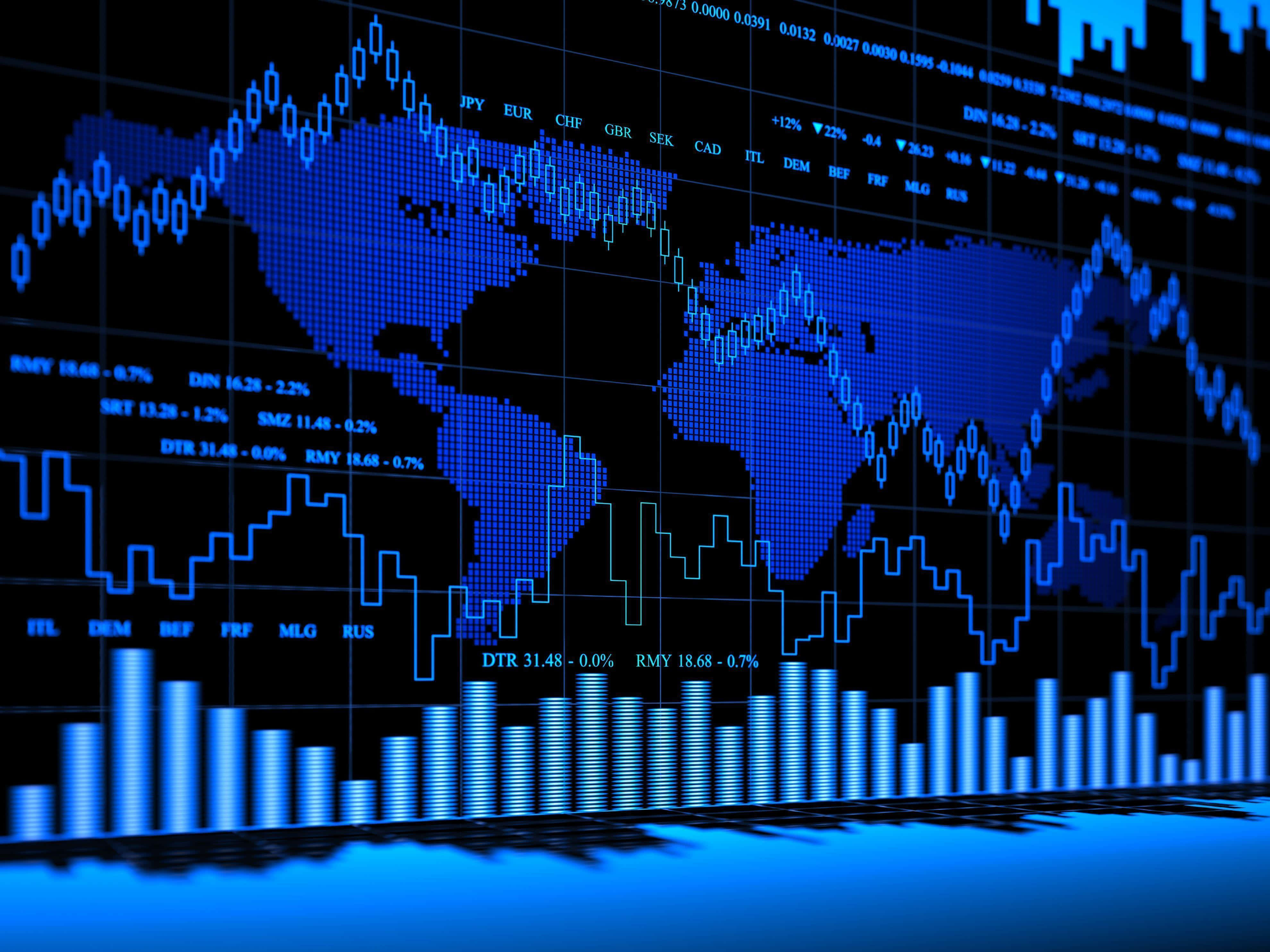 Forex 桌布 壁紙 — 一個發光的藍色數位股票圖表疊加在像素化的世界地圖上，背景為黑色。