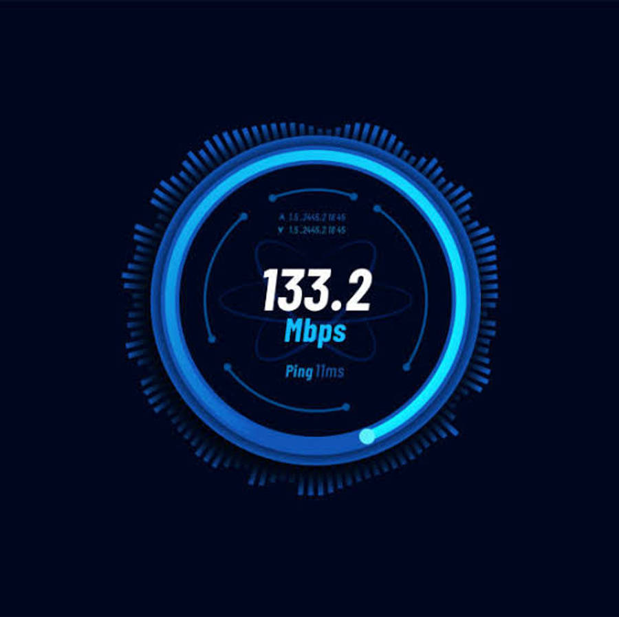 Internet 桌布 壁紙 — 一個發光的藍色數位速度計在深色背景上顯示 133.2 Mbps 和 11ms ping。