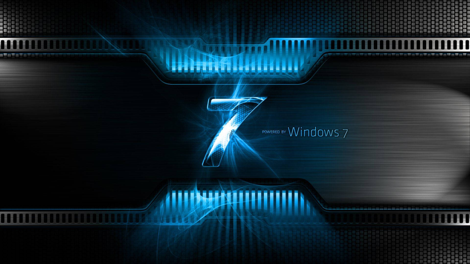 Windows 桌布 壁紙 — 一個發光的藍色數字7在黑暗的金屬背景上脈動著電能，周圍環繞著工業格柵。