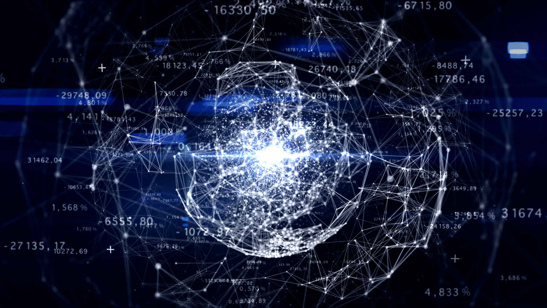 科學 桌布 壁紙 — 一個發光的藍色數據球體在黑暗的數位網路中心脈動，周圍有浮動的數字和連接。
