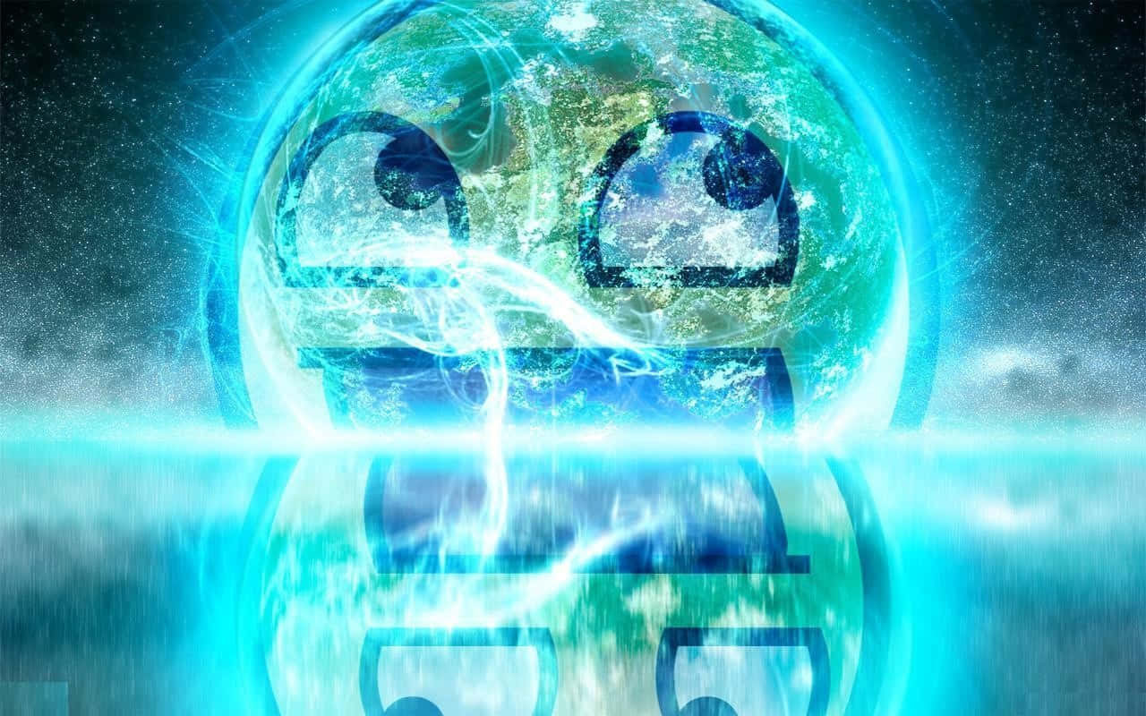 桌布 壁紙 — 一個發光的藍色星球，帶有卡通眼睛和閃電，漂浮在星空下的反射表面上。