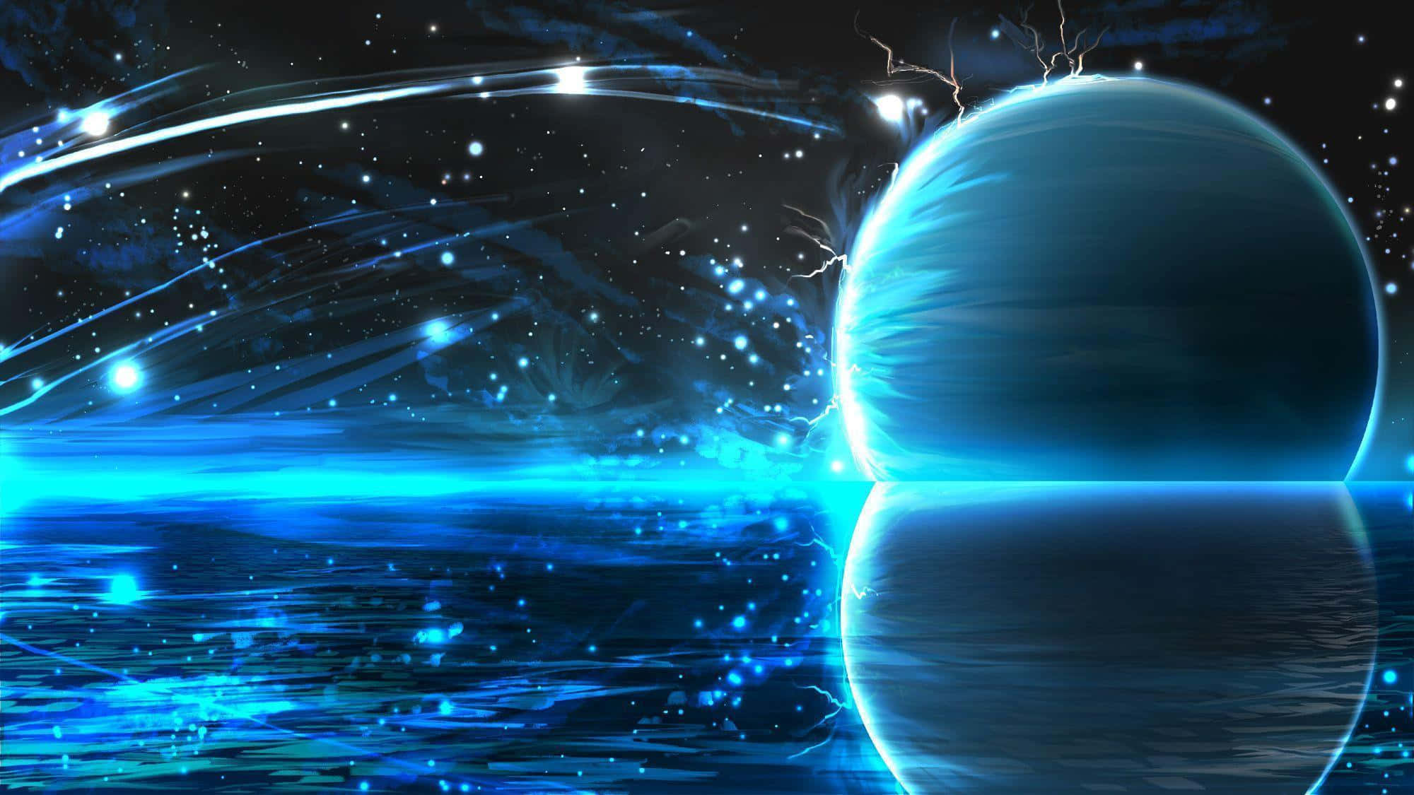 Neptune 桌布 壁紙 — 一個發光的藍色星球帶有閃電，懸浮在反射宇宙海洋之上，背景是繁星點點的夜空。