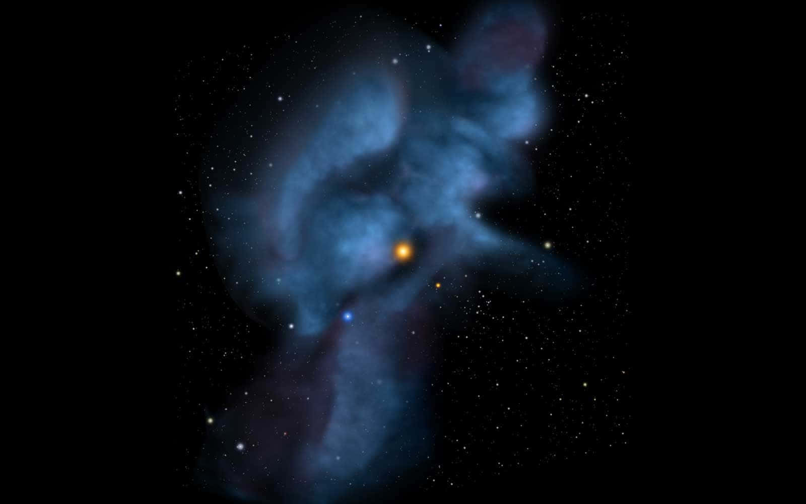 Galactic Center 桌布 壁紙 — 一個發光的藍色星雲，中心有一顆明亮的橙色恆星，漂浮在黑色宇宙虛空背景下的遙遠星場中。