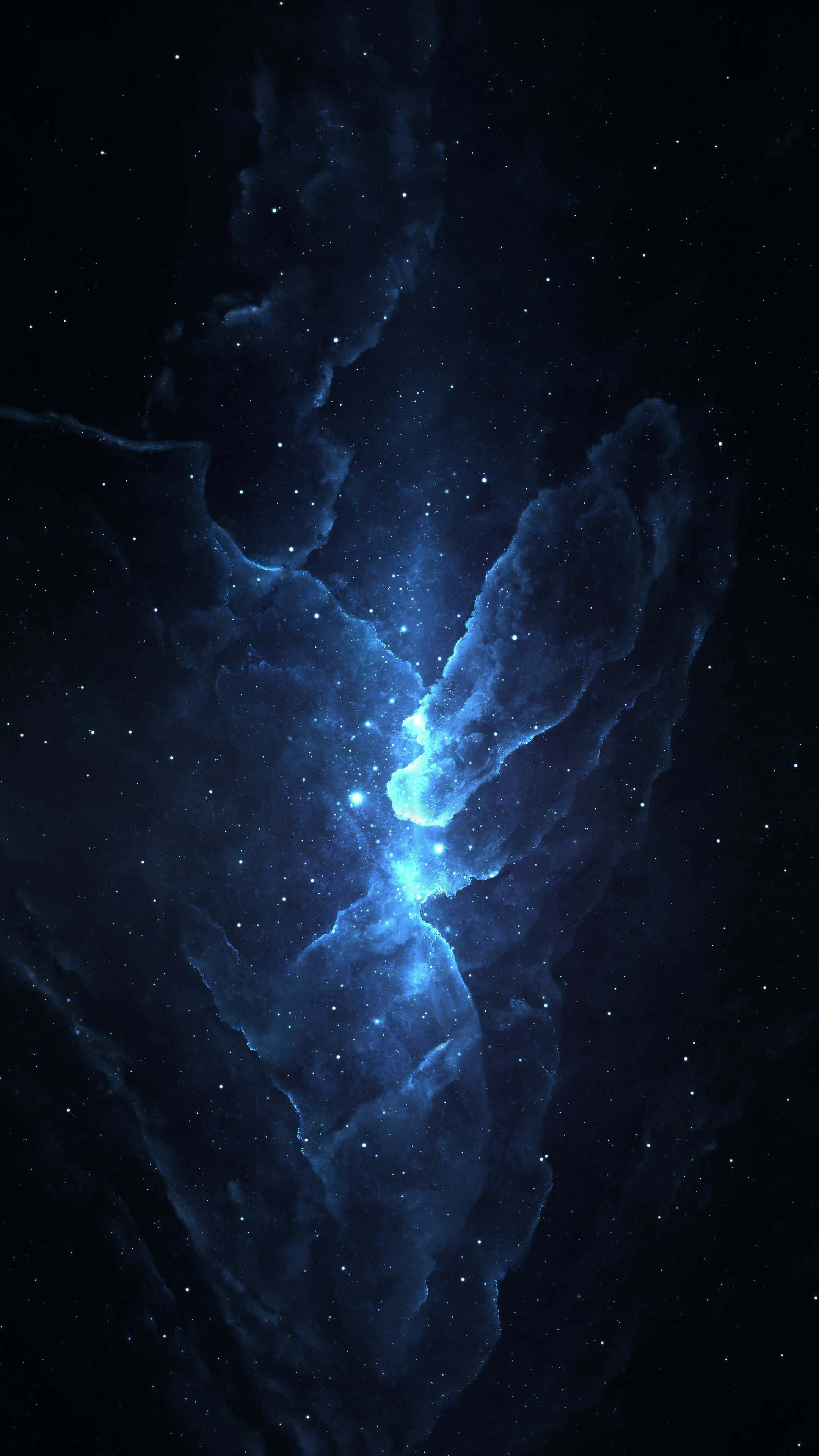 手機 桌布 壁紙 — 一個發光的藍色星雲，帶有旋轉的宇宙雲和散落的星星，背景是深邃的黑色虛空。