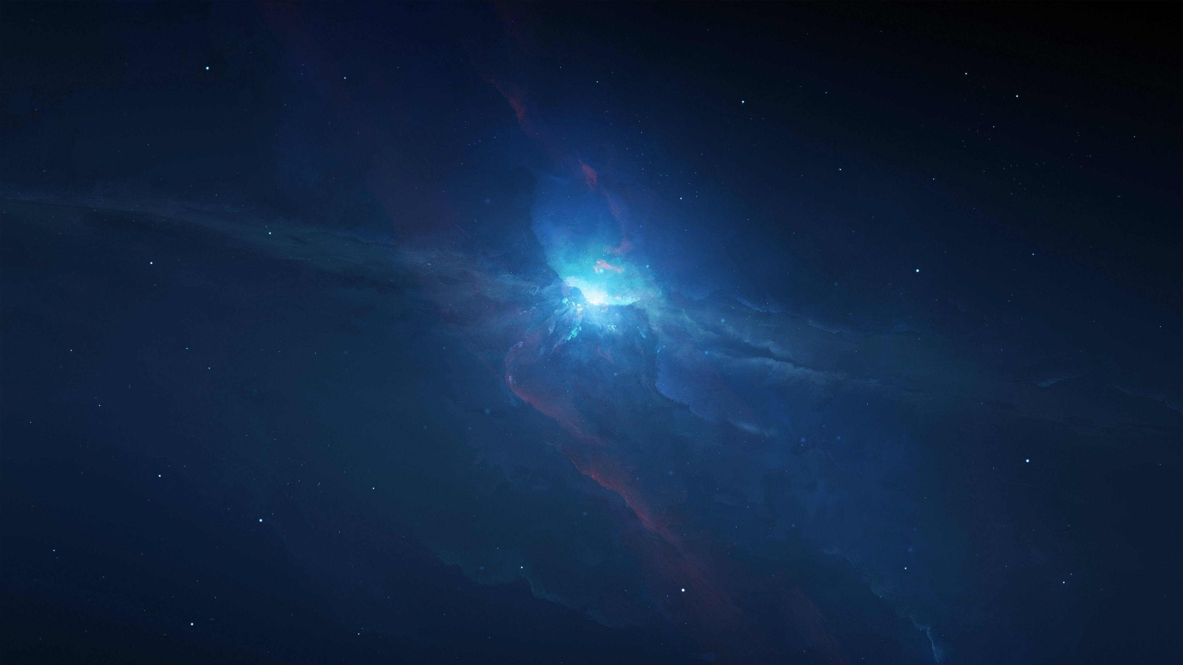 4K 太空 桌布 壁紙 — 一個發光的藍色星雲，帶有旋轉的紅色觸手，在佈滿星星的宇宙虛空中閃耀。