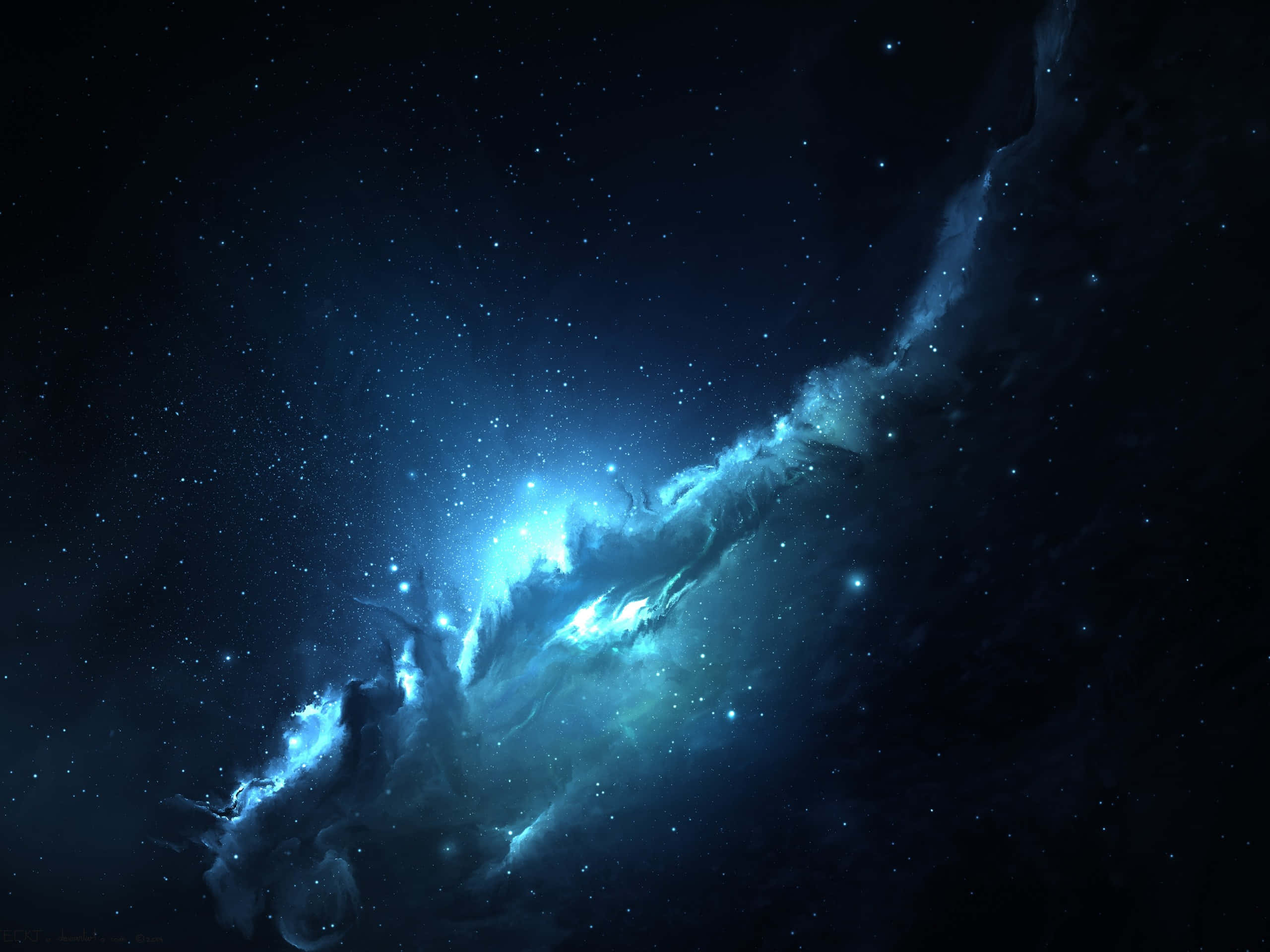 桌布 壁紙 — 一個發光的藍色星雲在深邃的太空中旋轉，點綴著無數閃爍的星星。
