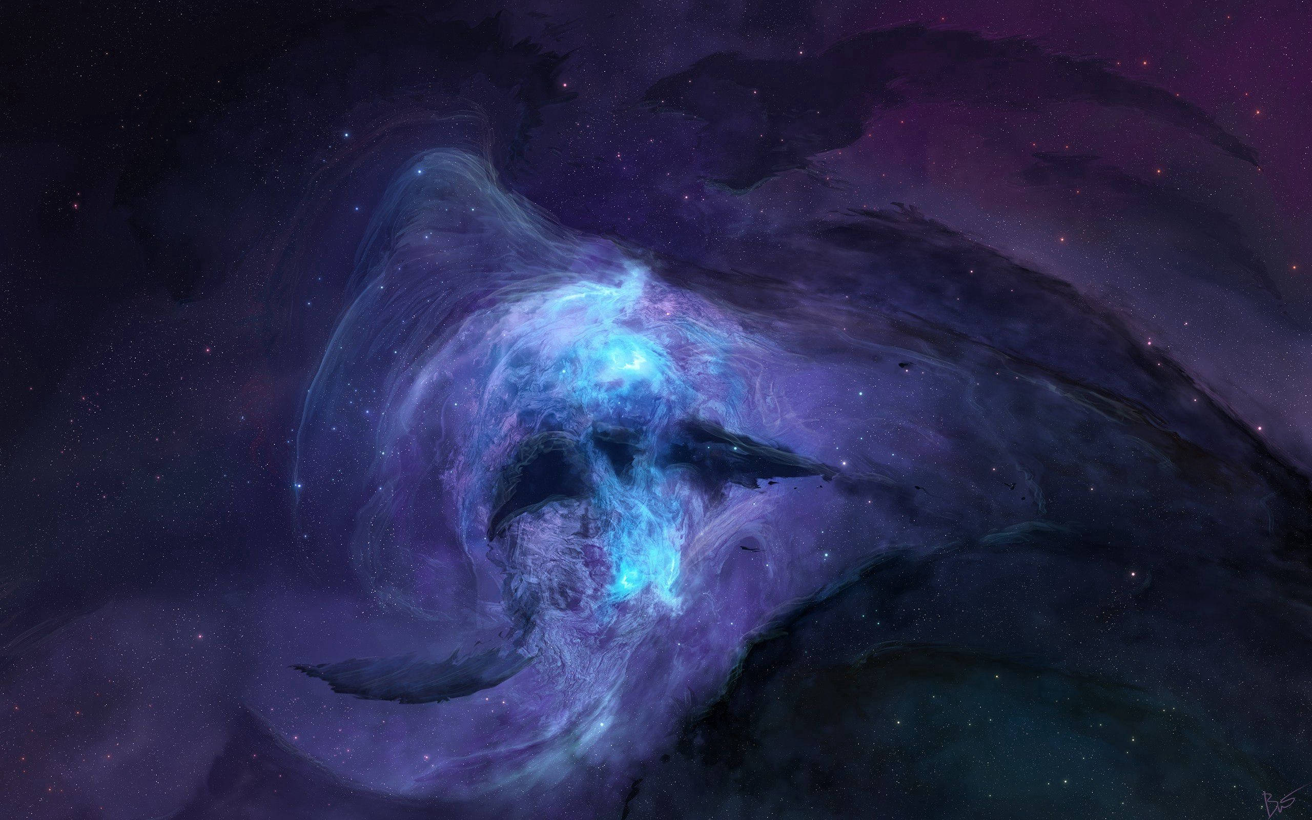 星星動圖 桌布 壁紙 — 一個發光的藍色星雲在黑暗的宇宙空間中旋轉，點綴著遙遠的星星和紫色的宇宙雲。