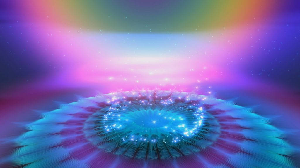 4K color 桌布 壁紙 — 一個發光的藍色曼陀羅從宇宙中心輻射出來，背景是夢幻的彩虹漸變天空。