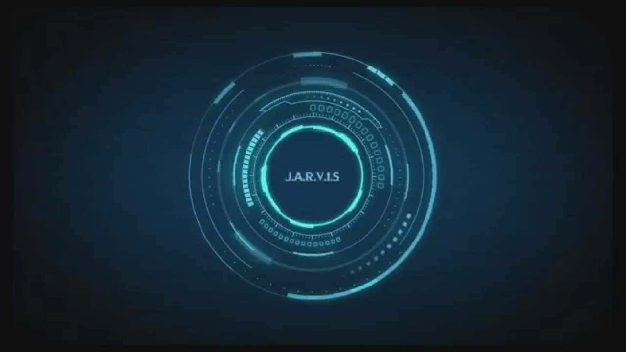 jarvis 4K 桌布 壁紙 — 一個發光的藍色未來感介面，帶有同心圓環，文字JARVIS居中顯示在深色背景上。