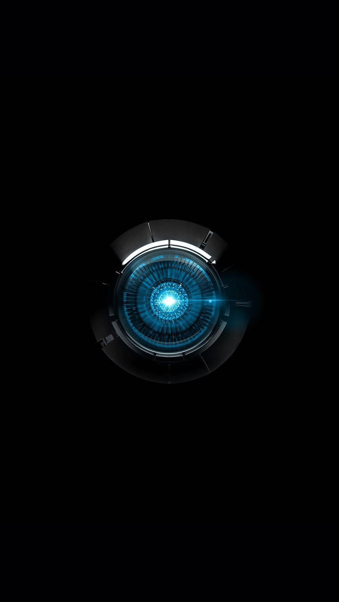 Htc 桌布 壁紙 — 一個發光的藍色未來感圓形介面在純黑背景上脈動。