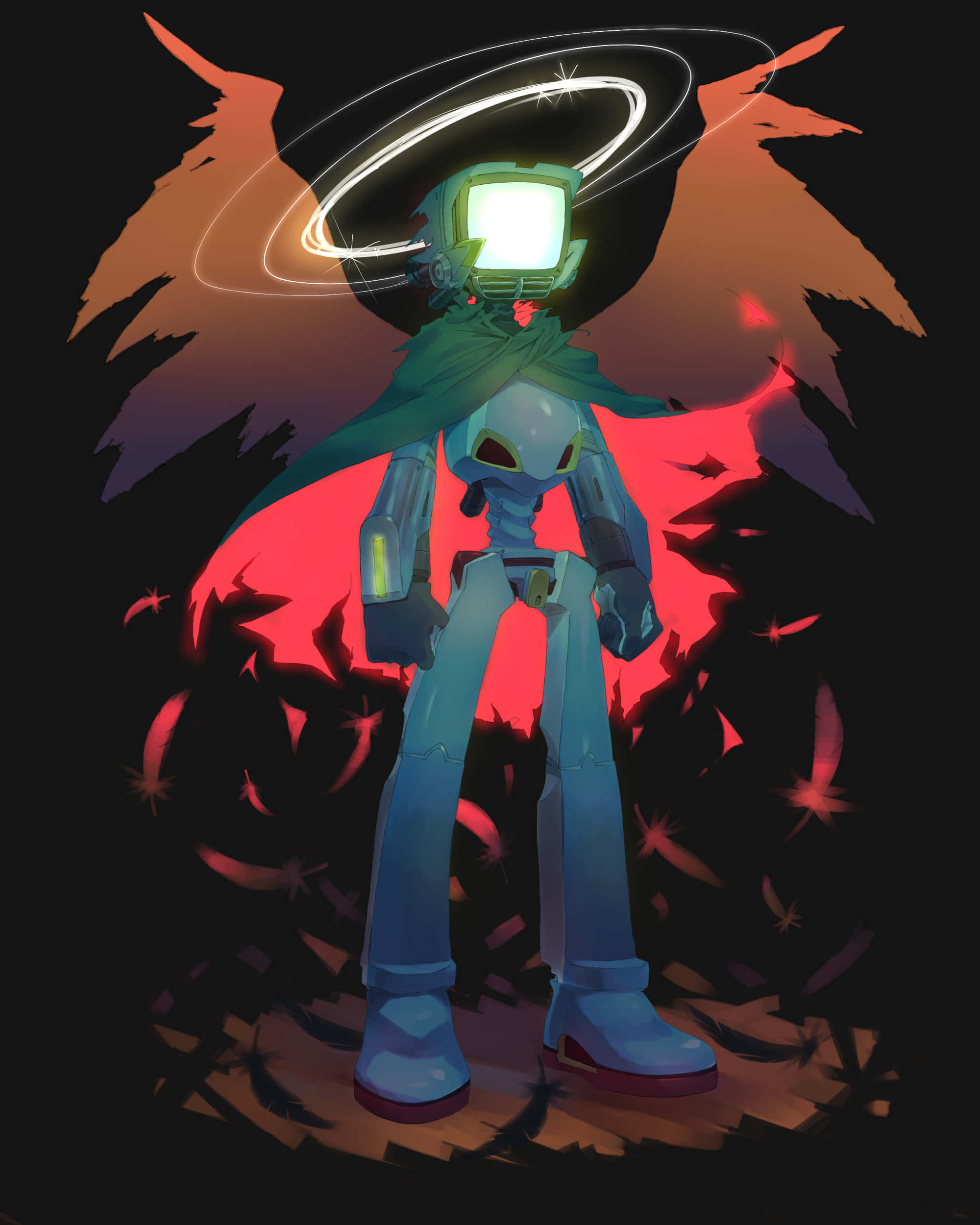 Flcl Canti 桌布 壁紙 — 一個發光的藍色機器人，頭部是電視螢幕並帶有光環，站在黑暗背景中，周圍是火紅的翅膀和飄浮的火花。