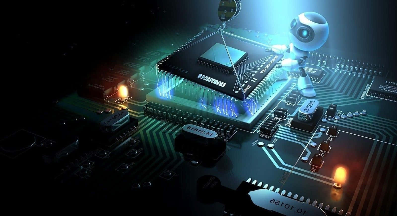 資訊科技 桌布 壁紙 — 一個發光的藍色機器人站在一個詳細的電路板上，上面有發光的組件和發光的電線。